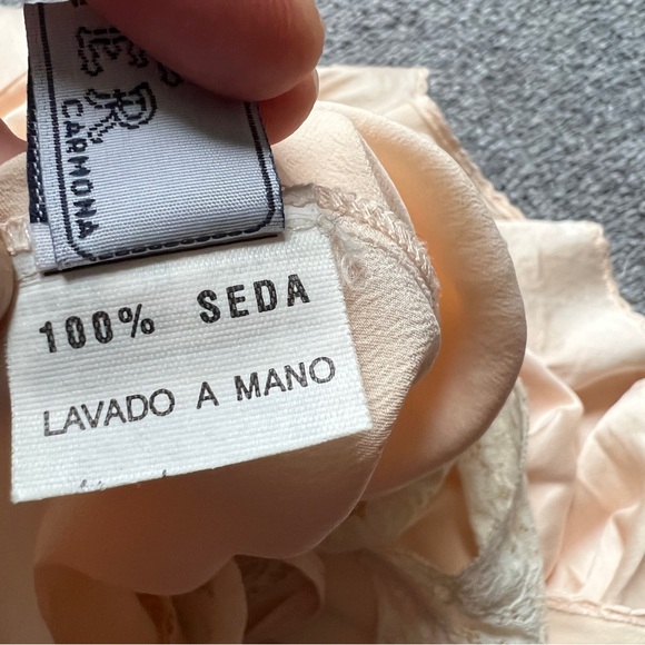 Vintage Silk Lace Slip Dress Nightgown Made in Spain Ivory Peach 42 Small Medium - Picture 14 of 16